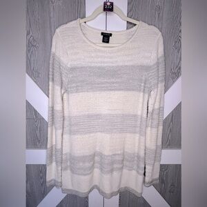 B11.18 Calvin Klein Women Ivory Navy Stripe Split Back Boat Neck Tunic Sweater L